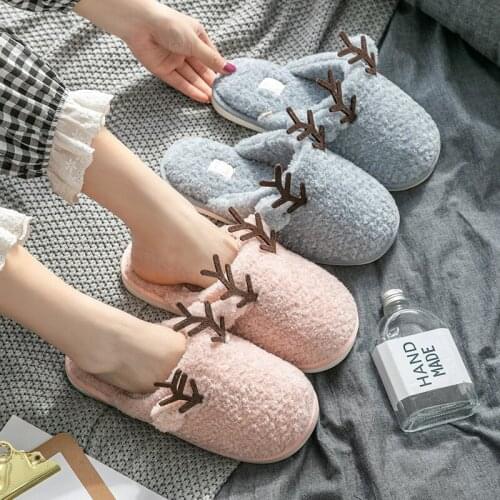 Women Warm Plush Slippers Cute Christmas Elk Antlers House Shoes Winter Couple Indoor Bedroom Soft Flat Furry Cotton Slides New