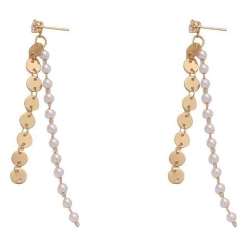 TIMEONLY Fashion Simulated Pearl Long Tassel Earrings for Women Girl Gold Color Metal Chain Drop Earrings Wedding Bridal Jewelry
