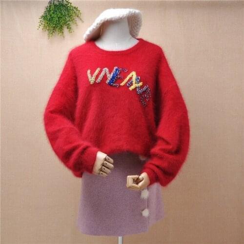 Ladies women fashion red cute sequins Letter mink cashmere christmas red long lantern sleeve angora fur pullover mink fur jumper