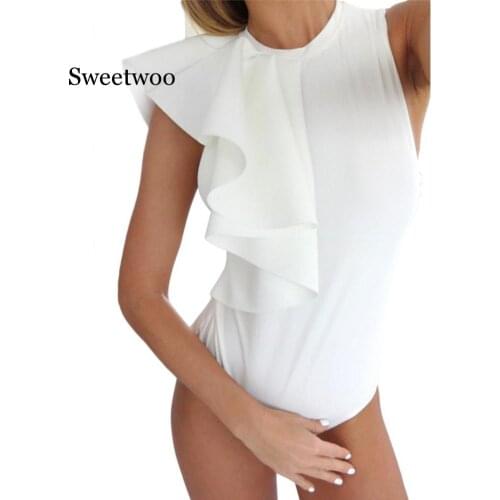 2020 New Bodysuit Women Sexy Jumpsuit Romper Black White One shoulder Ruffled Bodycon Playsuit Elegant Bodysuit