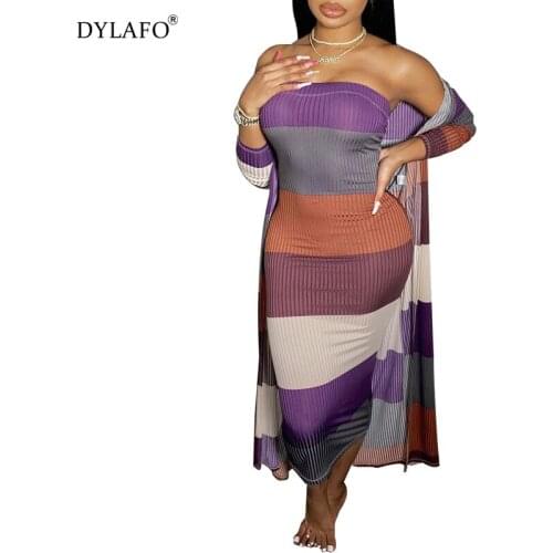 Multicolor Striped Print 2 Two Piece Set for Women Strapless Ribbed Bandage Maxi Dress+Full Sleeve Extra-long Coat Outfits
