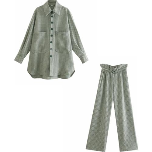 Spring and Autumn Womens Casual Plaid Lapel Long Sleeve Pocket Decorative Loose Shirt + High Waist Wide Leg Pants Set