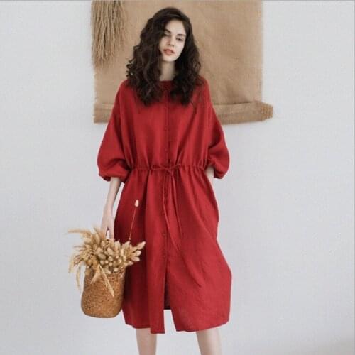 2021 new cotton linen womens dress red versatile medium long round neck lace up linen cardigan210525