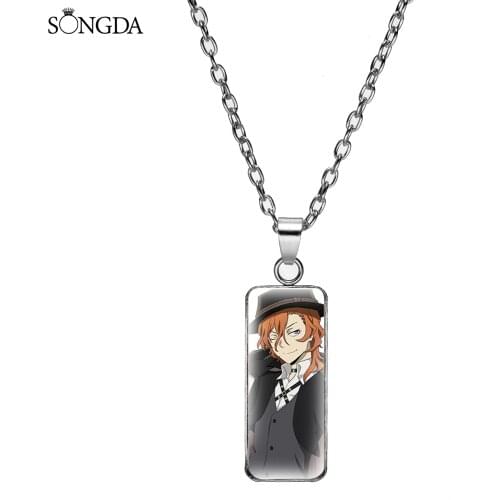 Anime Bungou Stray Dogs Rectangular Pendant Necklace for Women Glass Cabochon Zinc Alloy Base Fashion Necklace Unisex Decoration