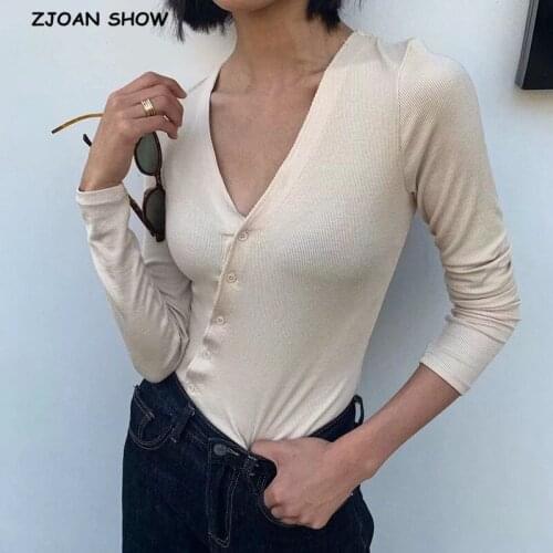 2020 AA V neck Oblique Single-breasted Buttons Long sleeve Tee Elegant Women Tight t shirt Front Slit With stretch Knitwear