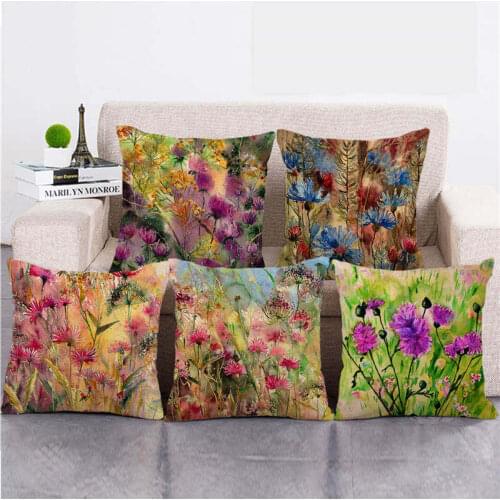 45cm*45cm Watercolor Thistle Colorful Flowers Plants Linen/cotton Throw Pillow Covers Couch Cushion Cover Home Decor Pillowcase