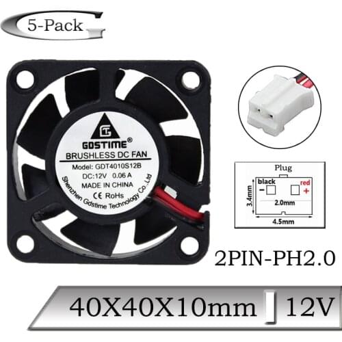 5Pcs Gdstime DC 12V 2Pin 4cm 40x40x10mm 40mm Mini 7 Blades Cooling Fan 40mmx10mm 3D Printer Cooler Ventilation Fan