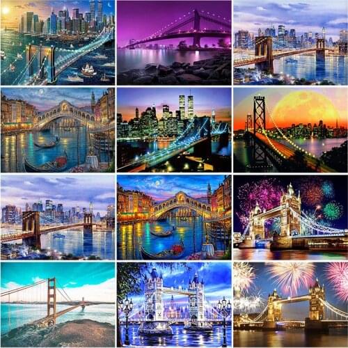 DIY 5D Diamond Painting Bridge City Landscape Diamond Embroidery Cross Stitch Kit Full Round Drill Mosaic Rhinestone Home Decor
