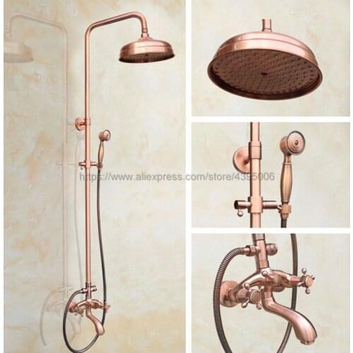 Antique Red Copper Wall Mounted Rainfall Bath Shower Faucet Swivel Tub Taps Bathroom Shower Mixers with Handshower Brg501