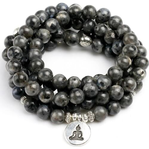 Natural Black Flash Stone Labradorite Strand Bracelet Handmade Men`s 108 Mala Yoga Bracelet or Necklace OM Charm Women Bracelet