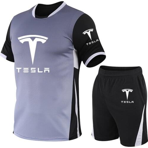 Casual Mens T-shirt Tesla car Logo Printing Summer short sleeve Cotton High Quality Mens T-shirt + shorts two-piece suit