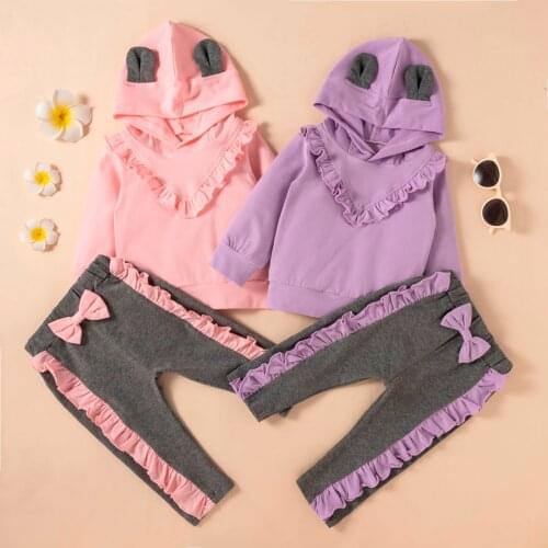 Newborn Girl Clothes Set Toddler Kids Girls Solid Color Cotton Ruffle Bow Clothes Hoodies Rabbit Ear Suit Baby Clothing Sets