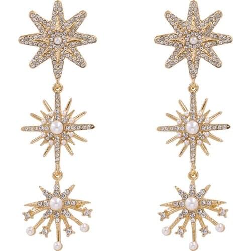 Korean Fashion Gold Color Long Earrings Women Shine Crystal Rhinestone Pearl Star Dangle Earrings Jewelry 2020 New ZA Earrings