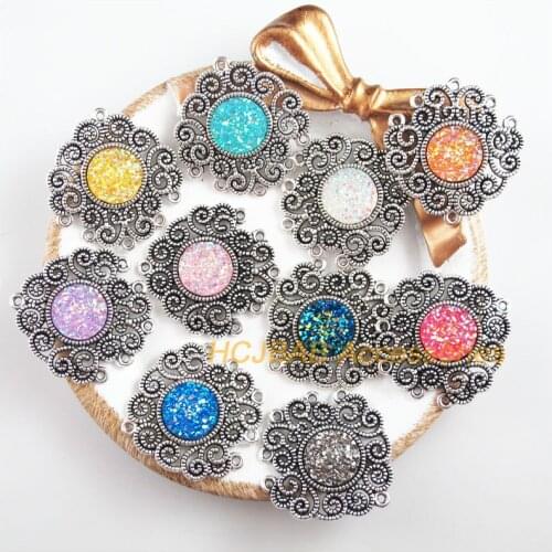 10 New Flower Charms Tibetan Silver Tone Retro Mixed Round Resin Connectors 30x31.5mm