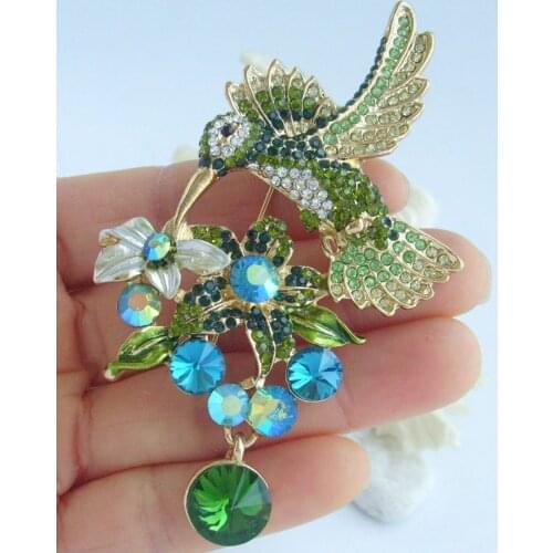 Art Style 3.54" Green Austrian Crystal Hummingbird Brooch Pin Animal Pendant KPA01775C4a