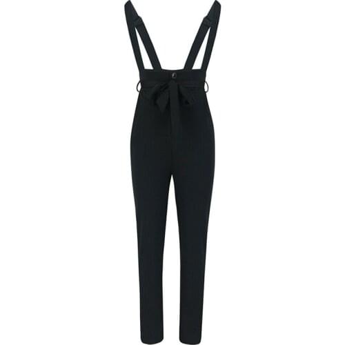 Trendy Women clothes Loose Ladies Polyester strap pocket overalls Bandage Button High waist solid casual Pants one pieces