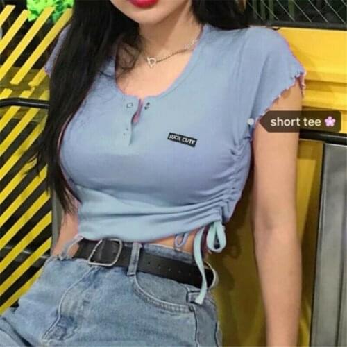 Fashion Sexy Women Letter Print Short Sleeve Crop Top Button Elastic T-shirt O-Neck Casual Purple Short Shirt Summer Tee