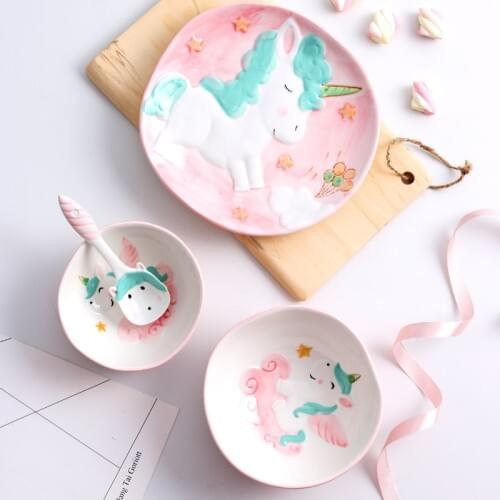 Ceative Unicorn Cartoon Tableware Set Plate Bowls Spoon Set Cute Plate and bowls for Childrens Gift Boys' and Girls' Present