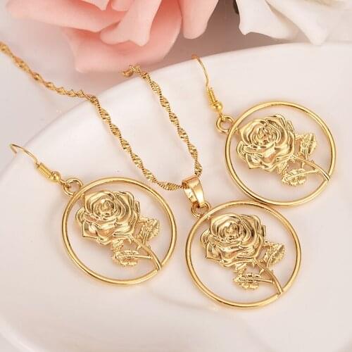 Lucky Rich Jewelry set big Golden Earrings Pendant Necklace Chain Rose Flower Lady 24 K Yellow Solid Gold Finish