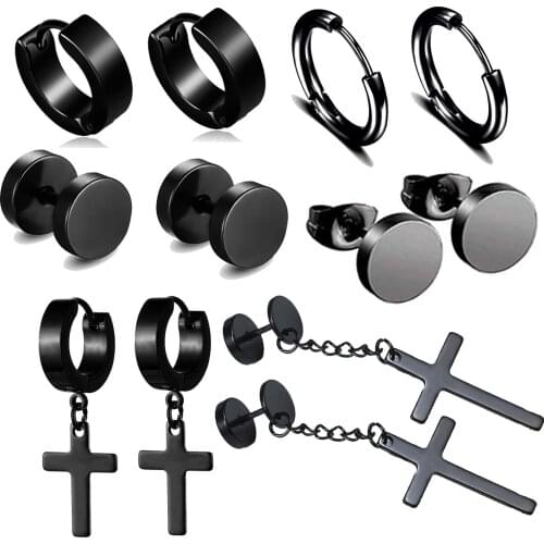 6 Pairs Black Stainless Steel Earrings for Men Punk Rock Tattoo Cross Dangle Stud Earrings Hoop Earrings Street or Daily Wear