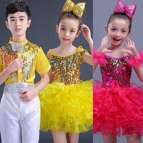 Boys Girls Sequins Pettiskirt Princess Dancing Dress Show Salsa Cha cha Samba Tango Sets Ballroom Latin Tops + Pants For Kids