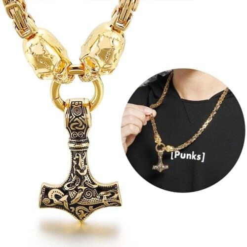 Punk Vintage Men Stainless Steel Skull Head Norse Viking Amulet Thor Hammer Byzantine Pendant Necklace Viking King Chain Jewelry