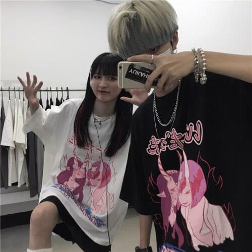 Anime Print Ulzzang Harajuku Tee for Women T Shirt Summer Tshirt Korean Style Kawaii Graphic Tee Tops Devil Demon Satan Clothes