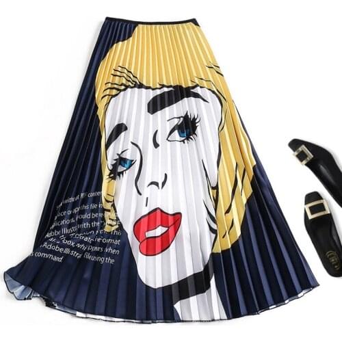 Woman Summer Print Pleated Skirt Fashion Girl Printed Ladies Chic Street Skirts New Calf-length Female Casual Skirt