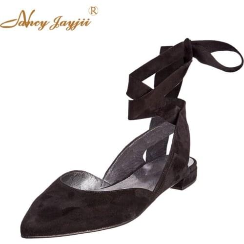 Women Shoes Adult flats ladies Lace-Up Black Solid Flock Ankle Strap Summer Pointed Toe Mature Leisure Novelty Nancyjayjii 2019