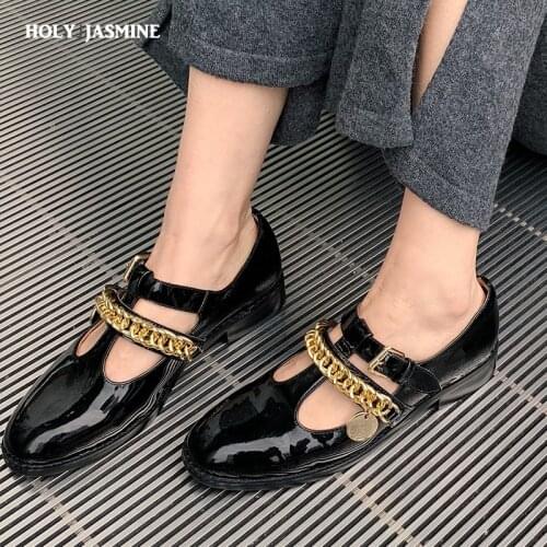 2021 New Square Heels New Women Pumps Spring Female Round Toe Casual Shoes Mary Jane Cow Patent Leather Buckle Metal Size 34-40