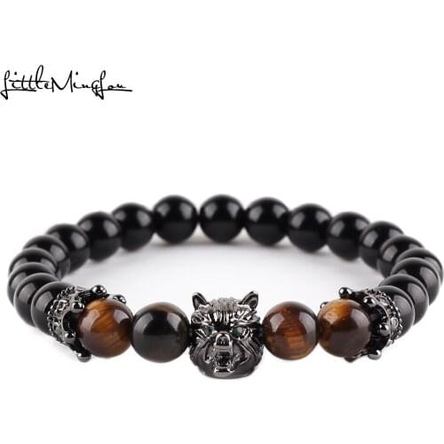 Wolf Head charm With Green CZ crown beads bracelet Animal Rivet Strand men Bracelet for Men Accessories Pulseira Masculina
