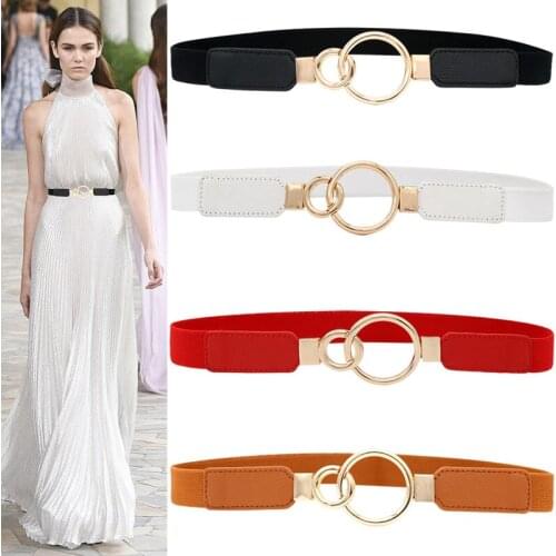Lady Gold Double Circle Buckle Cummerbunds for dress thin Stretch Waistband Women Faux Leather Elastic waist Belts party gifts