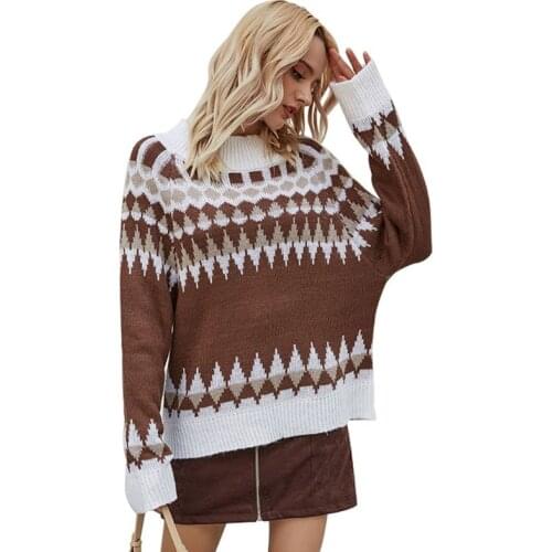 Women Long Sleeve Sweater Vintage Stand Collar Knitted Pullover Tunic Tops Geometric Stripes Casual Loose Jumper