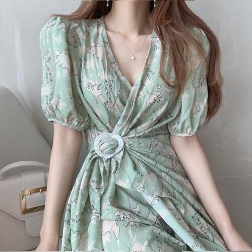 Korean Chic Gentle Slim Dress V-neck Flowers Irregular Design Sense Sleeve Sleeve Color High Waist Dress Vestidos Largos