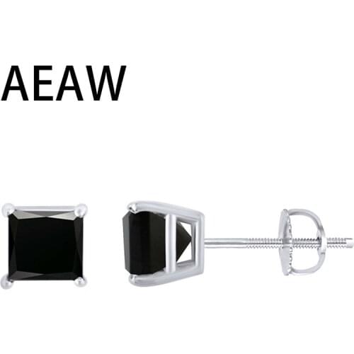 AEAW 1ctw 5mm Princess Black Moissanite Diamond Solid 10k White Gold Stud Earrings