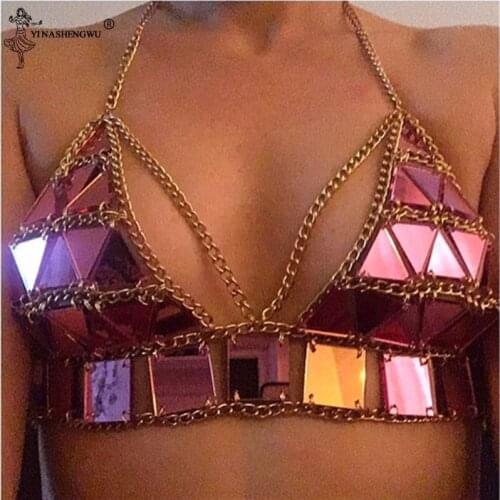 2020 Summer Fashion New Fashion NightClub Bra Gold Color Acrylic Sequins Triangle Stitching Sexy Female Bikini Dance Jazz Top