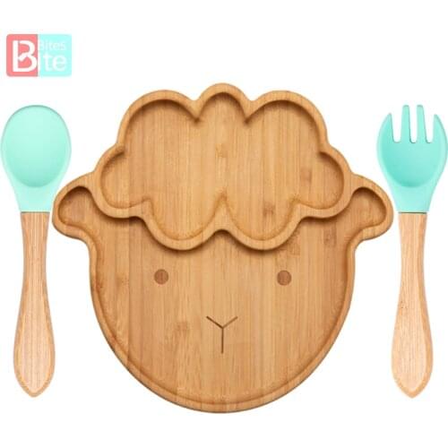 3PCS Wooden Dinner Plate Silicone Suction Cup Non-slip Waterproof Fork Spoon Baby Feeding Tableware Baby Feeding Plate Free BPA