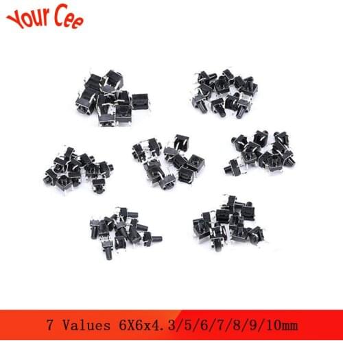 7 Values 70pcs 6X6x4.3/5/6/7/8/9/10mm Tact Switch Tactile Push Button Switch Kit Sets DIP 4P Micro Switch 6*6*4.3/5/6/7/8/9/10mm