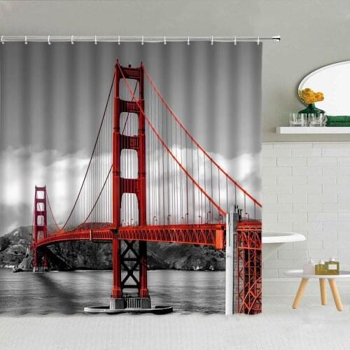 American City Architecture Scenery Shower Curtain Golden Gate Bridge New York Empire State Building Bathroom Decor Curtains Set