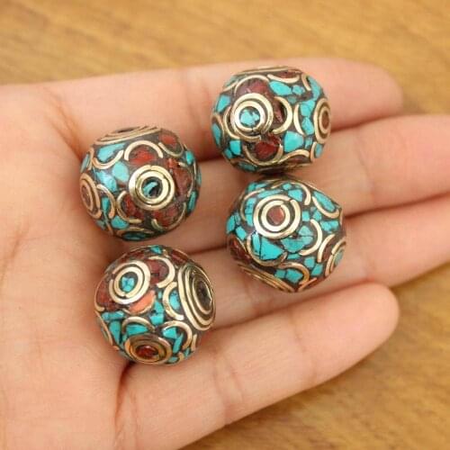 BD200 Nepal Handmade 20mm Big Round Beads Tibetan Brass Colorful Stone Flower Beads For Jewelry Making 4 pieces Lots