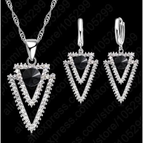 New CZ Crystal 925 Sterling Silver Triangle Geometry Black Pendant Necklace Wedding Jewelry For Women Gift Set Popular