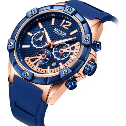 Megir Sports Silicone Chronograph Military Quartz Watches Army Casual Waterproof 24-hour Analogue Wristwatch Man blue Rose date