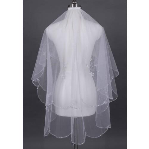 2 tier scalloped veil Elbow Length Bridal Veil hand beads embroidered White Beige wedding veil& comb