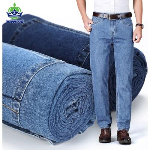 Brand 100%Cotton Mens Jeans Autumn winter Business Casual Straight Elastic Classic Style Trousers Sky Blue Pants Male 40 42