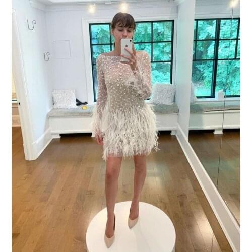 Elegant Homecoming Dresses A-line Long Sleeves Feather Short Mini Crystals Beaded Flowers Cocktail Dresses