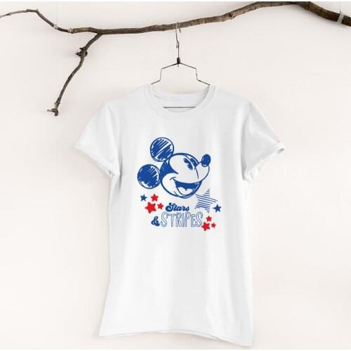 Disney Stars And Stripes Women T-shirts Round Neck Kawaii Harajuku White Black Tees Casual Summer New T Shirt Female Mickey Top