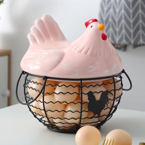 Creative Hen Storage Basket Ceramic Metal Material Egg Storage Can Handle Fruit Basket Kitchen Supplies Home Decoration