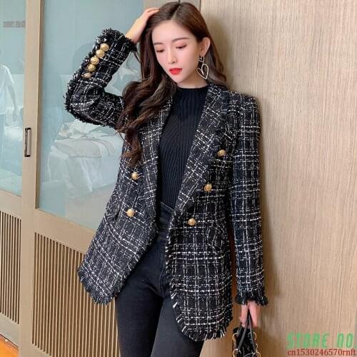 Autumn Winter Women Tassel Tweed jacket Coat Metal gold Double breasted Long Sleeve Jacket Casaco Feminino