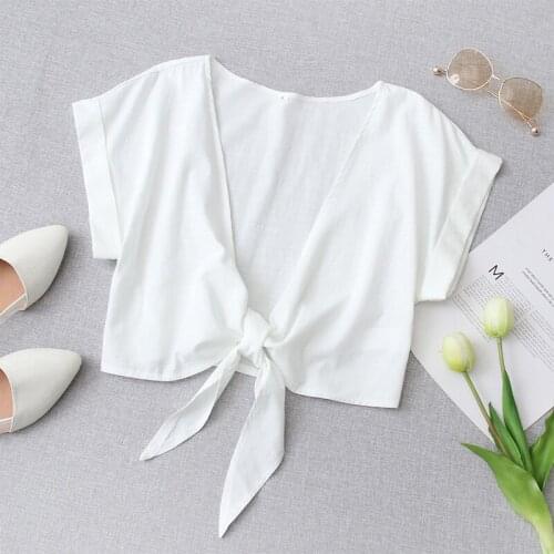 Summer womens casual solid color V-neck bow decorated cropped top