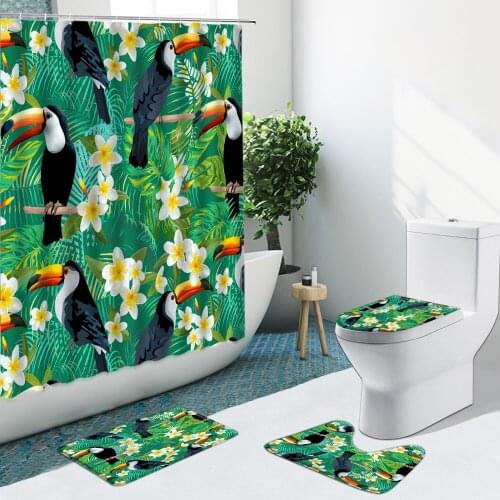 Toucan Tropical Plant Green Leaf White Flower Bathroom Set Shower Curtain Non-Slip Rugs Flannel Toilet Cover Bath Mat Home Decor